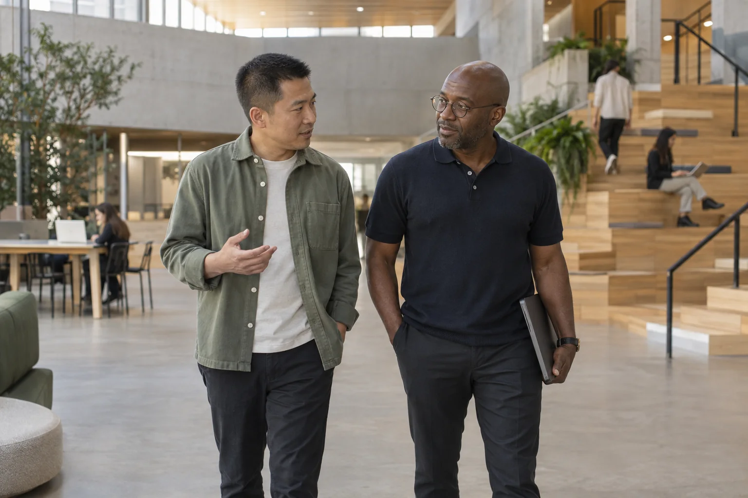 Technology professionals in conversation in a bright contemporary workspace