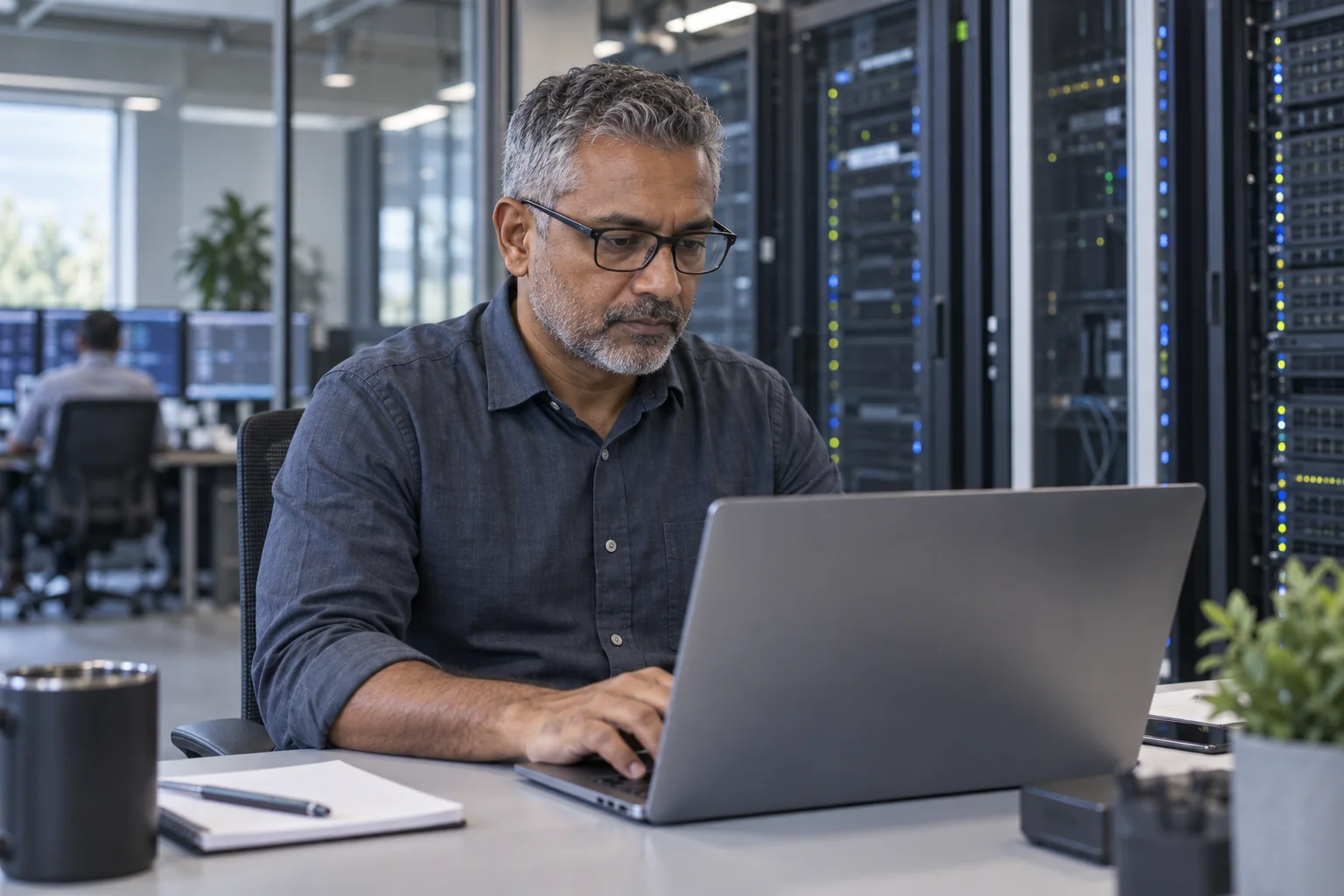 An infrastructure engineer reviewing a laptop beside server equipment